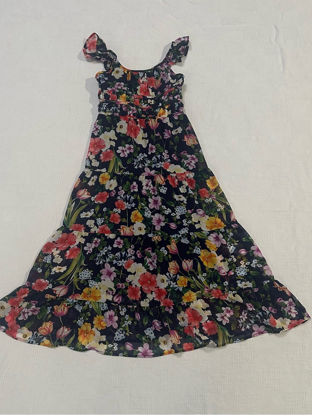 Xtraordinary Black Floral Ruffle-Strap Maxi Dress for Girls